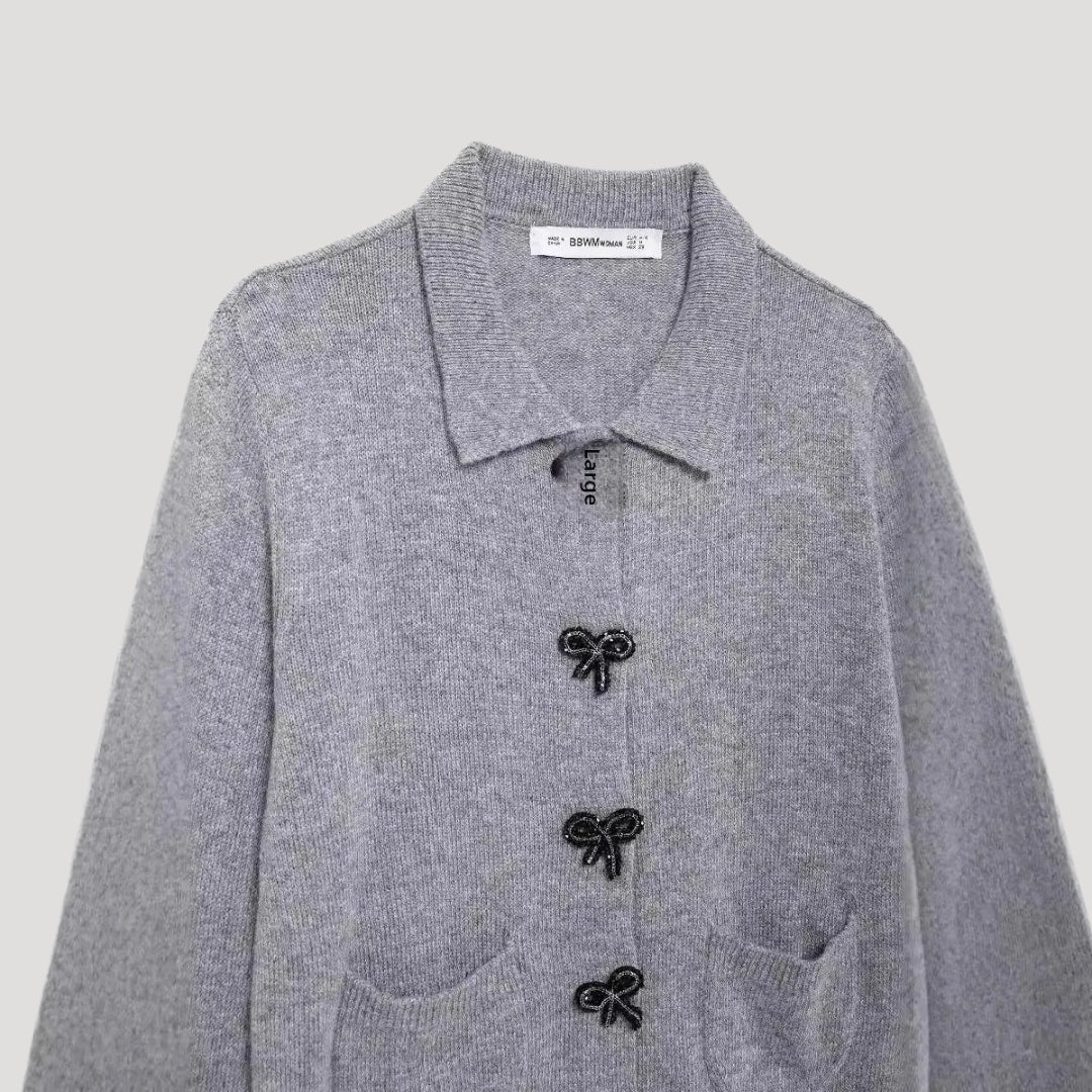 Women grey bow button cardigan