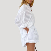 Women’s white striped summer co ord set shirt and shorts