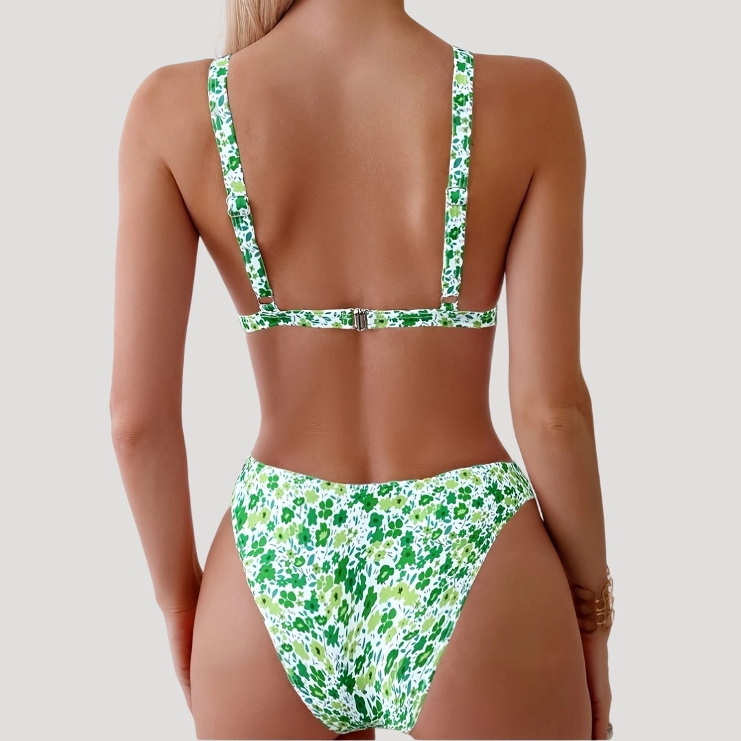 Green floral print bikini set