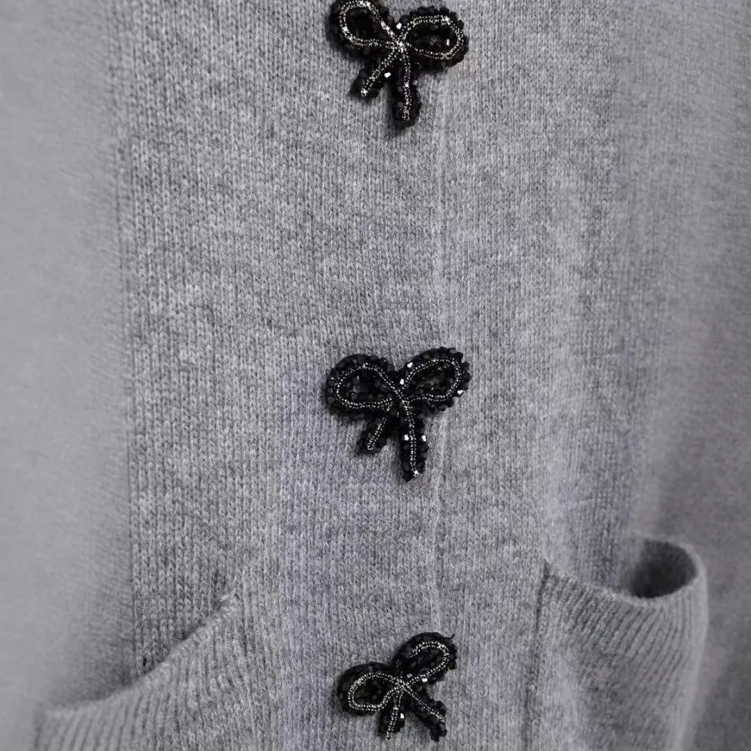 Women grey bow button cardigan