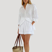 Women’s white striped summer co ord set shirt and shorts