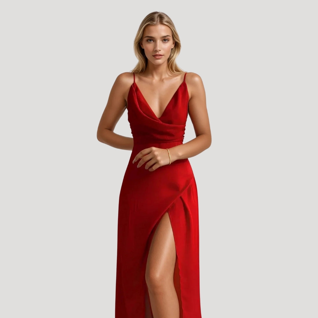 Women’s cowl neck satin maxi wedding guest dress