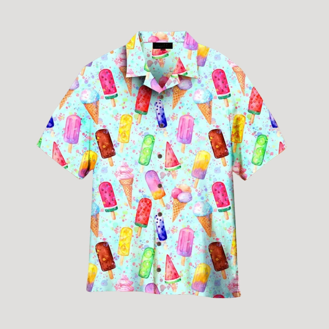 Men’s short sleeve novelty print button up shirt