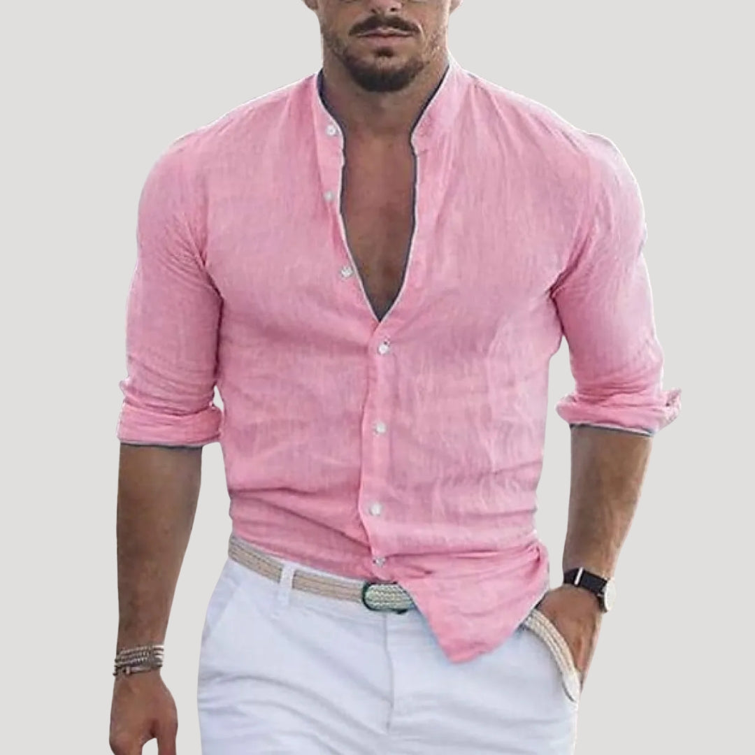 Men’s linen grandad collar long sleeve casual shirt