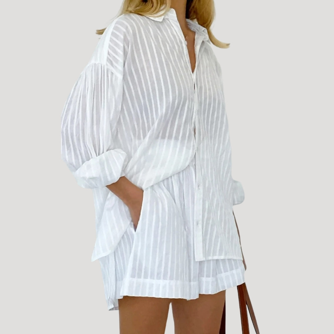 Women’s white striped summer co ord set shirt and shorts