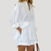 Women’s white striped summer co ord set shirt and shorts