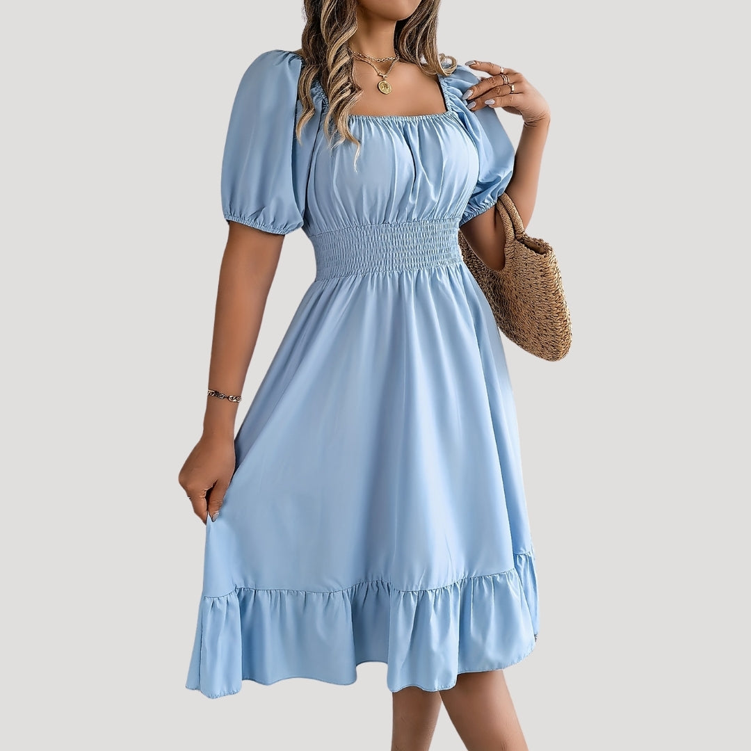 Smocked waist puff sleeve midi dress