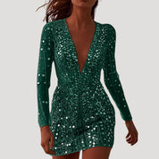 Women's deep v neck long sleeve sequin cocktail dress