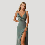 Women’s cowl neck satin maxi wedding guest dress