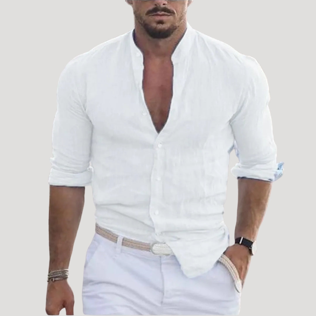 Men’s linen grandad collar long sleeve casual shirt