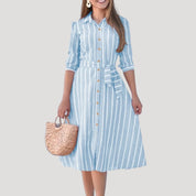 Women’s striped summer belted midi shirt dress