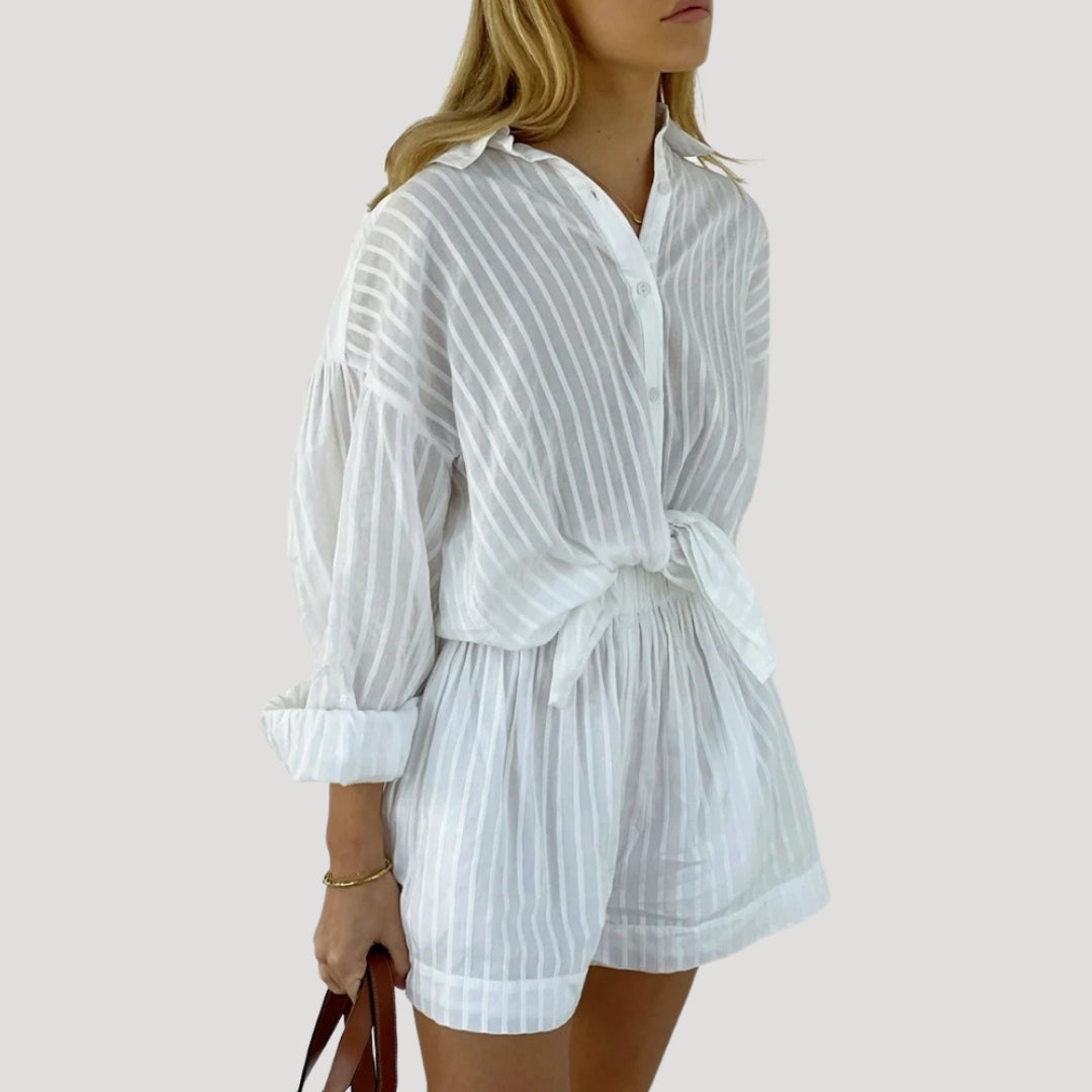 Women’s white striped summer co ord set shirt and shorts