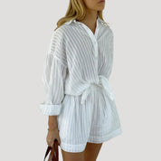 Women’s white striped summer co ord set shirt and shorts