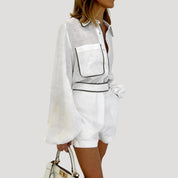 Women’s white linen co ord set with long sleeve shirt