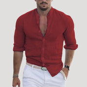 Men’s linen grandad collar long sleeve casual shirt