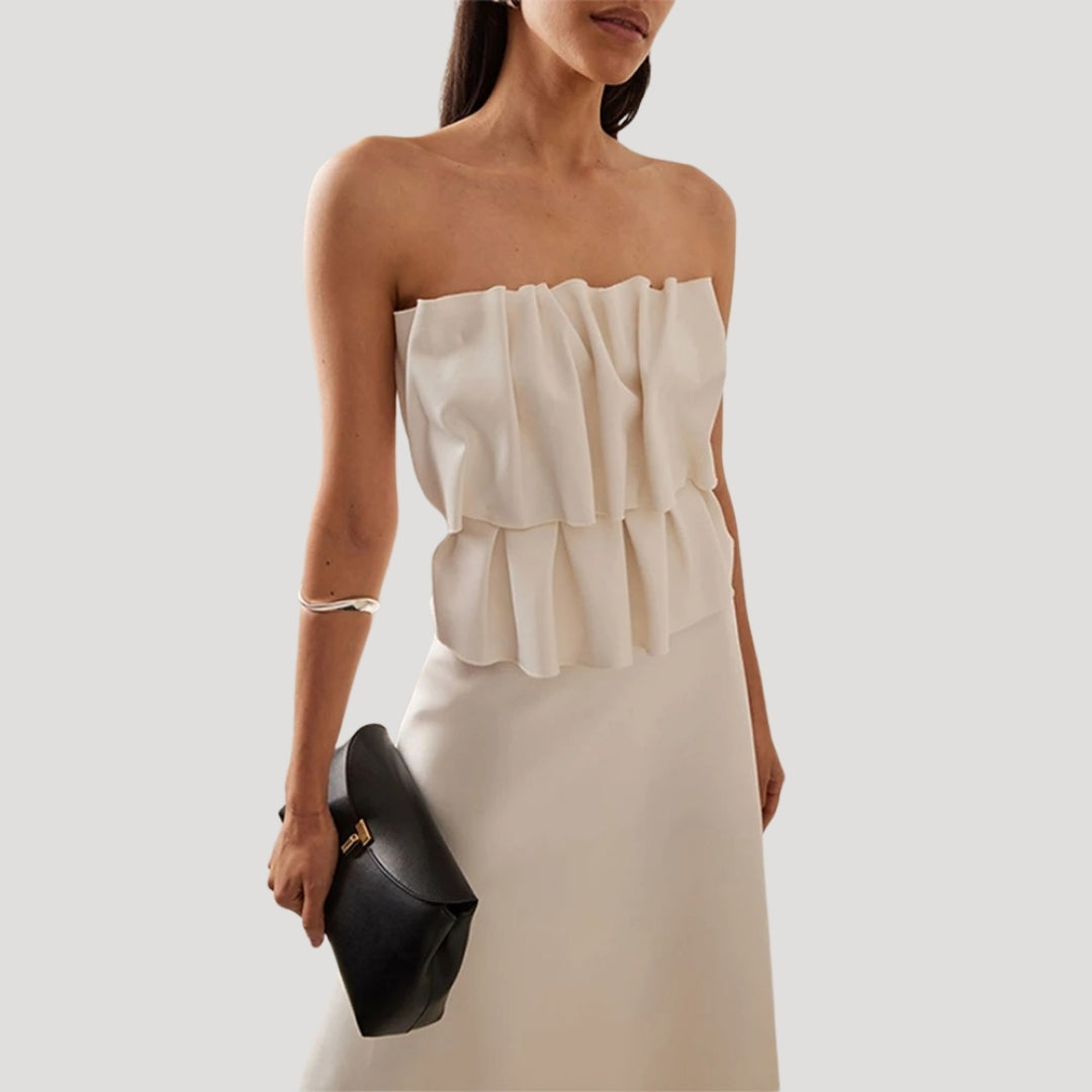 Women's strapless ruffle wedding guest midi dress
