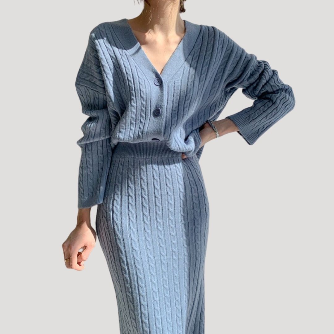 Women’s knitted co ord set with midi skirt cardigan