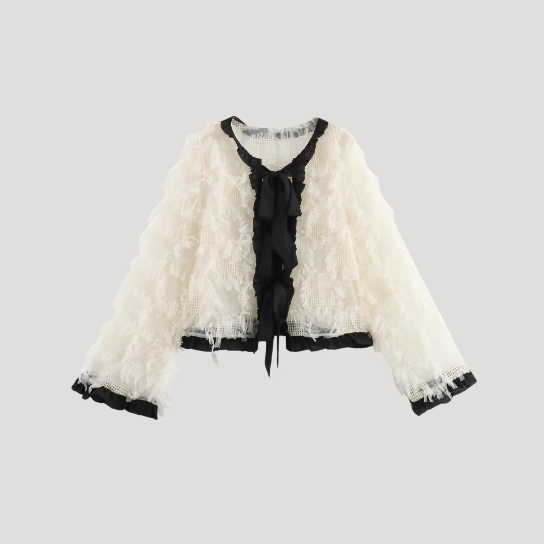 Women’s white lace ruffle cropped bow blouse
