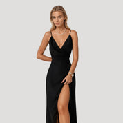 Women’s cowl neck satin maxi wedding guest dress