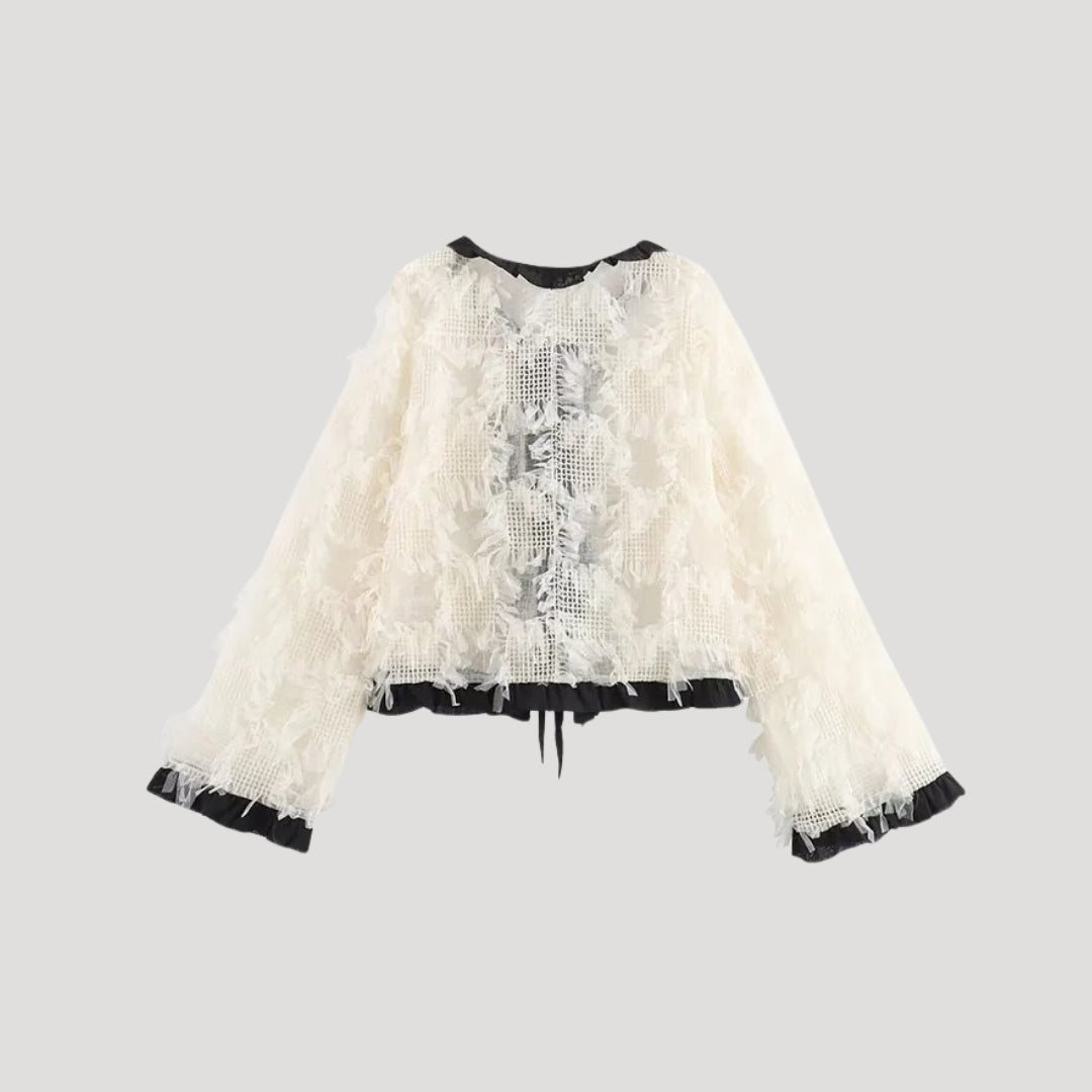 Women’s white lace ruffle cropped bow blouse