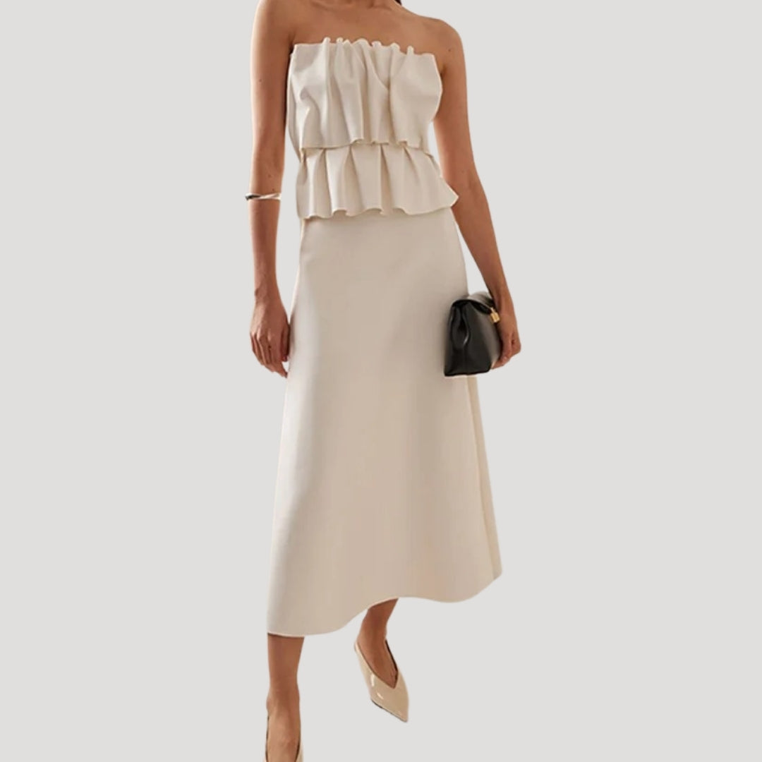Women's strapless ruffle wedding guest midi dress