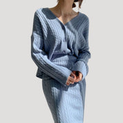 Women’s knitted co ord set with midi skirt cardigan