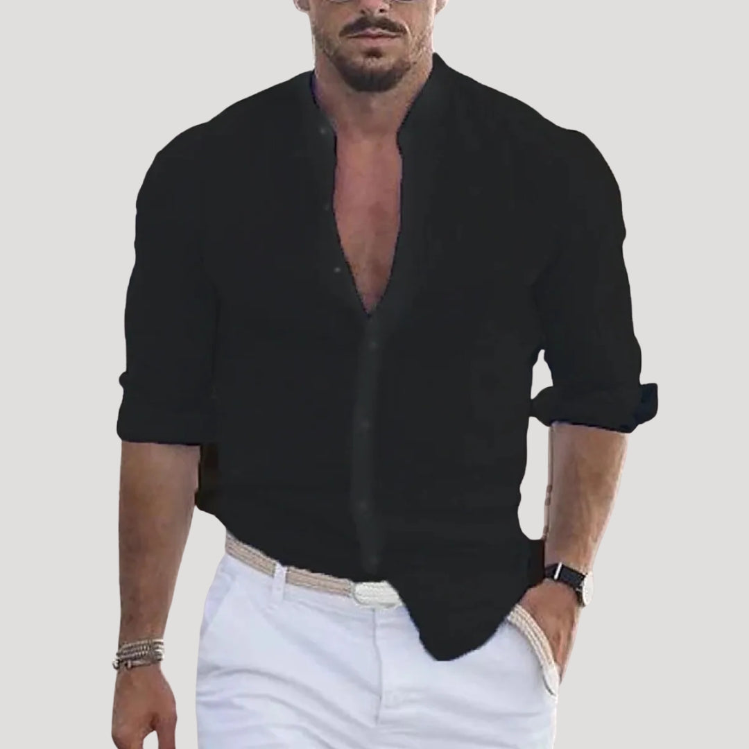 Men’s linen grandad collar long sleeve casual shirt