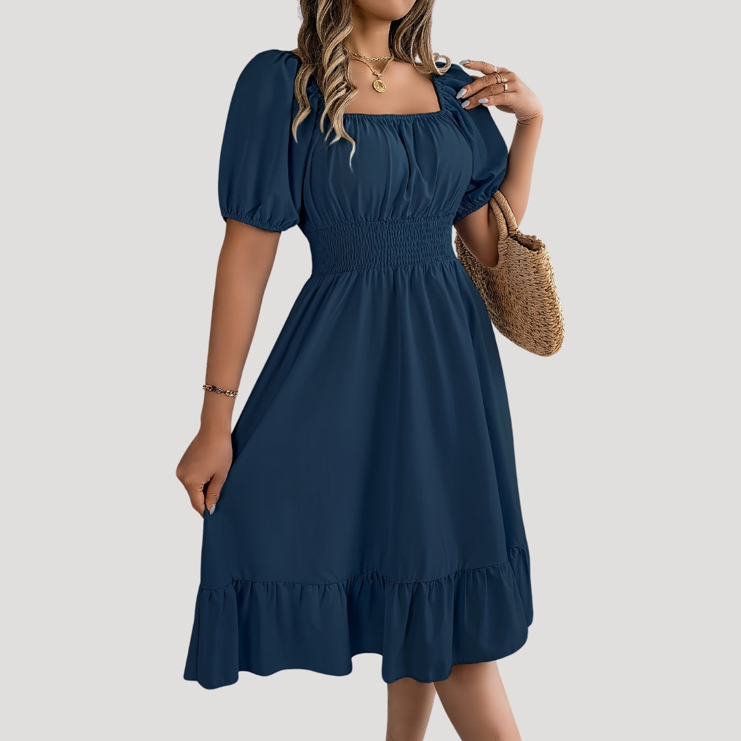 Smocked waist puff sleeve midi dress