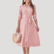 Women’s striped summer belted midi shirt dress