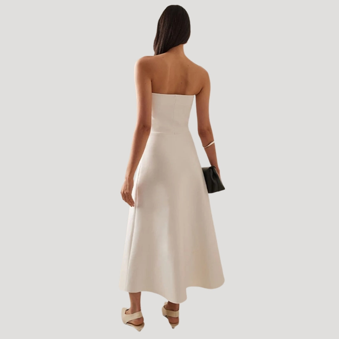 Women's strapless ruffle wedding guest midi dress