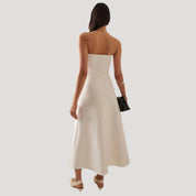 Women's strapless ruffle wedding guest midi dress