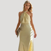 Women’s halter neck satin maxi wedding guest dress