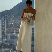 Women's strapless ruffle wedding guest midi dress