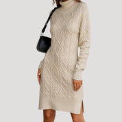 Cable knit turtleneck sweater dress