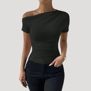 Asymmetric off-shoulder fitted top