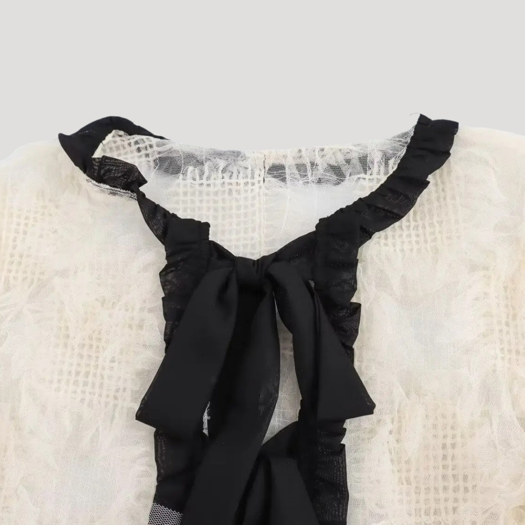 Women’s white lace ruffle cropped bow blouse