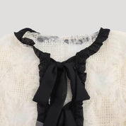 Women’s white lace ruffle cropped bow blouse