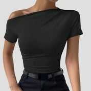 Asymmetric off-shoulder fitted top