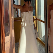 Women's strapless ruffle wedding guest midi dress