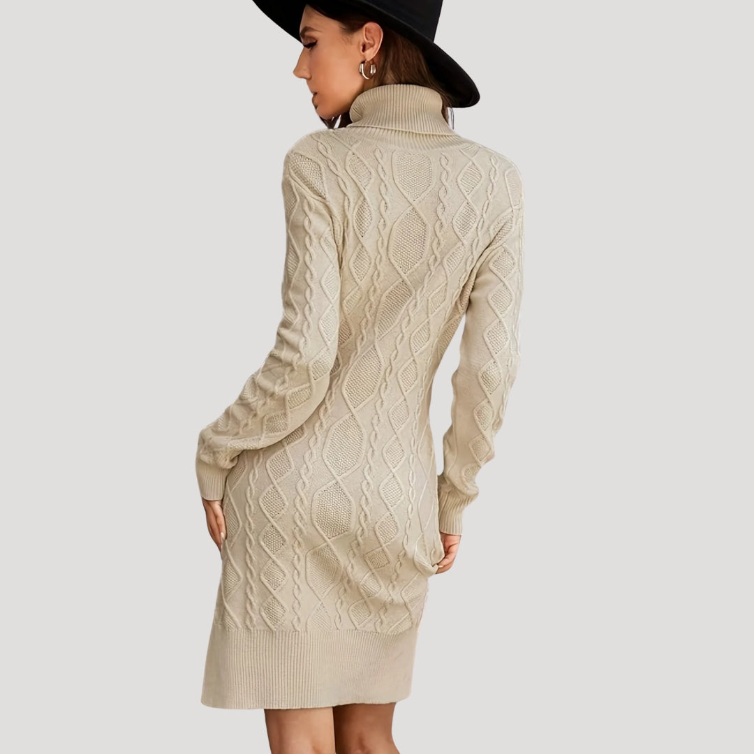 Cable knit turtleneck sweater dress