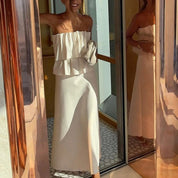 Women's strapless ruffle wedding guest midi dress