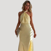 Women’s halter neck satin maxi wedding guest dress