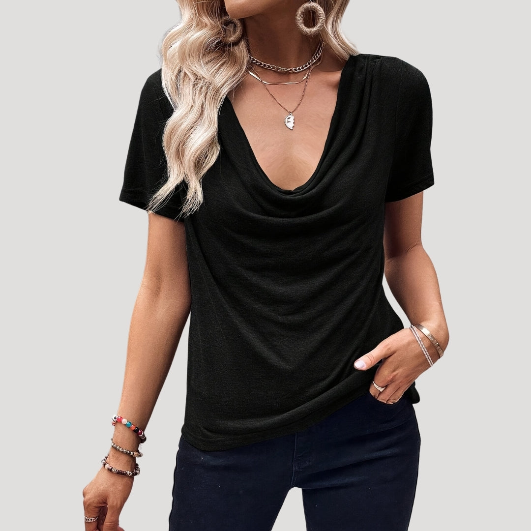 Draped cowl neck short sleeve top