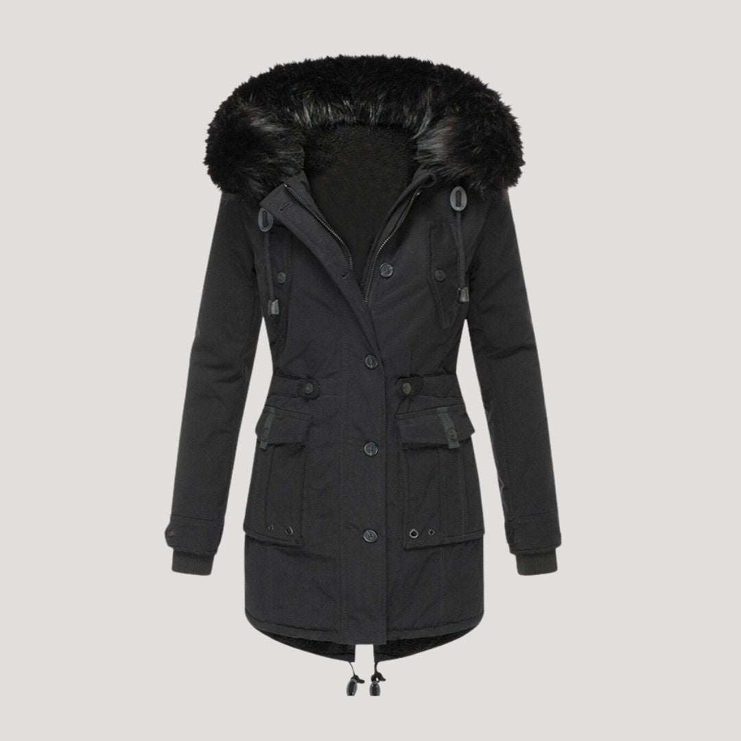 Women’s waterproof winter parka coat with faux fur hood