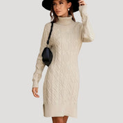 Cable knit turtleneck sweater dress