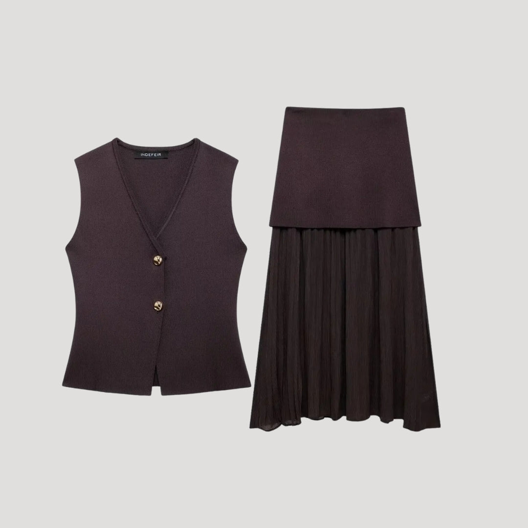 Sophisticated sleeveless vest and pleated skirt set