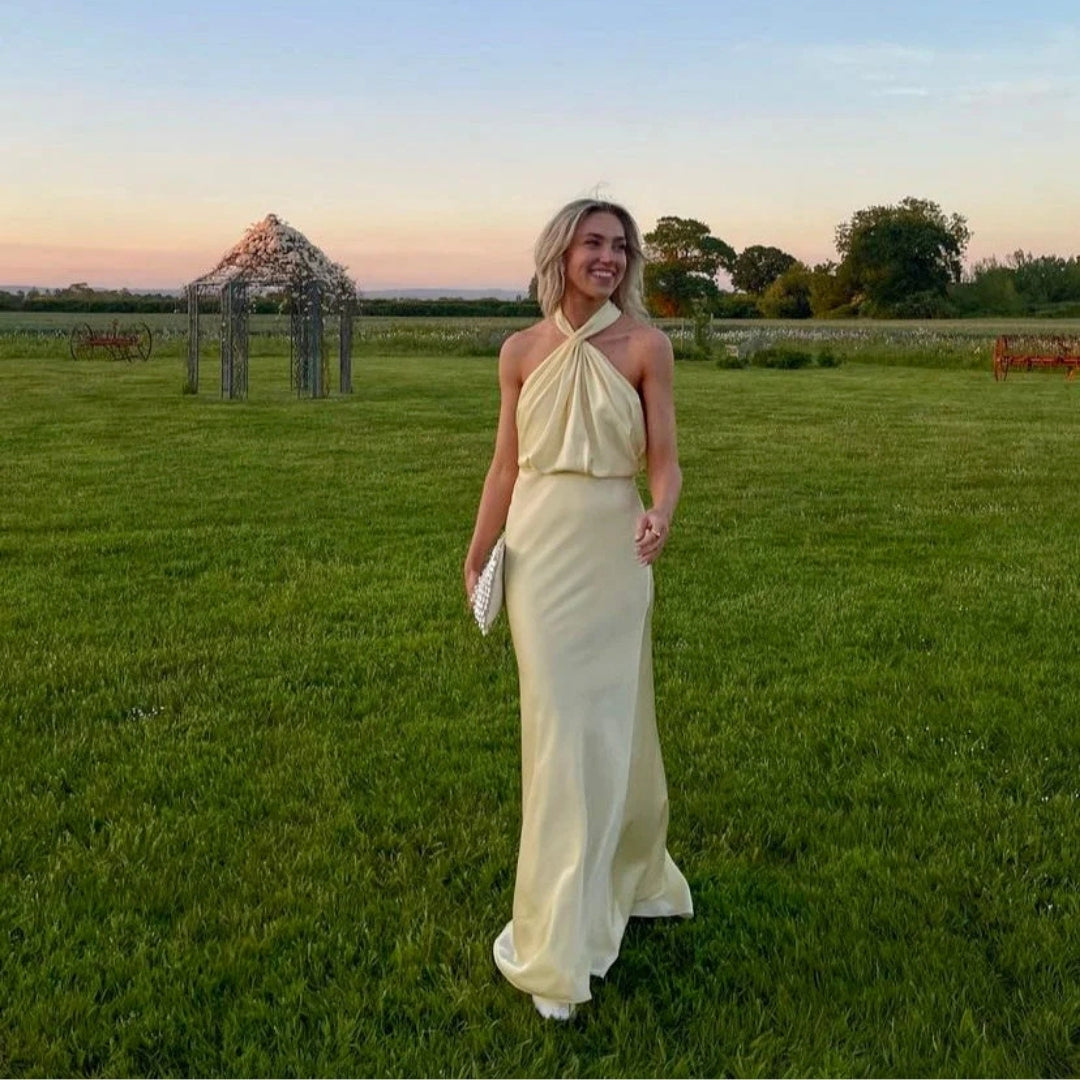 Women’s halter neck satin maxi wedding guest dress