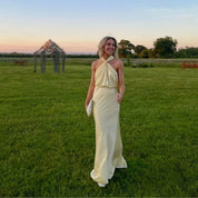Women’s halter neck satin maxi wedding guest dress