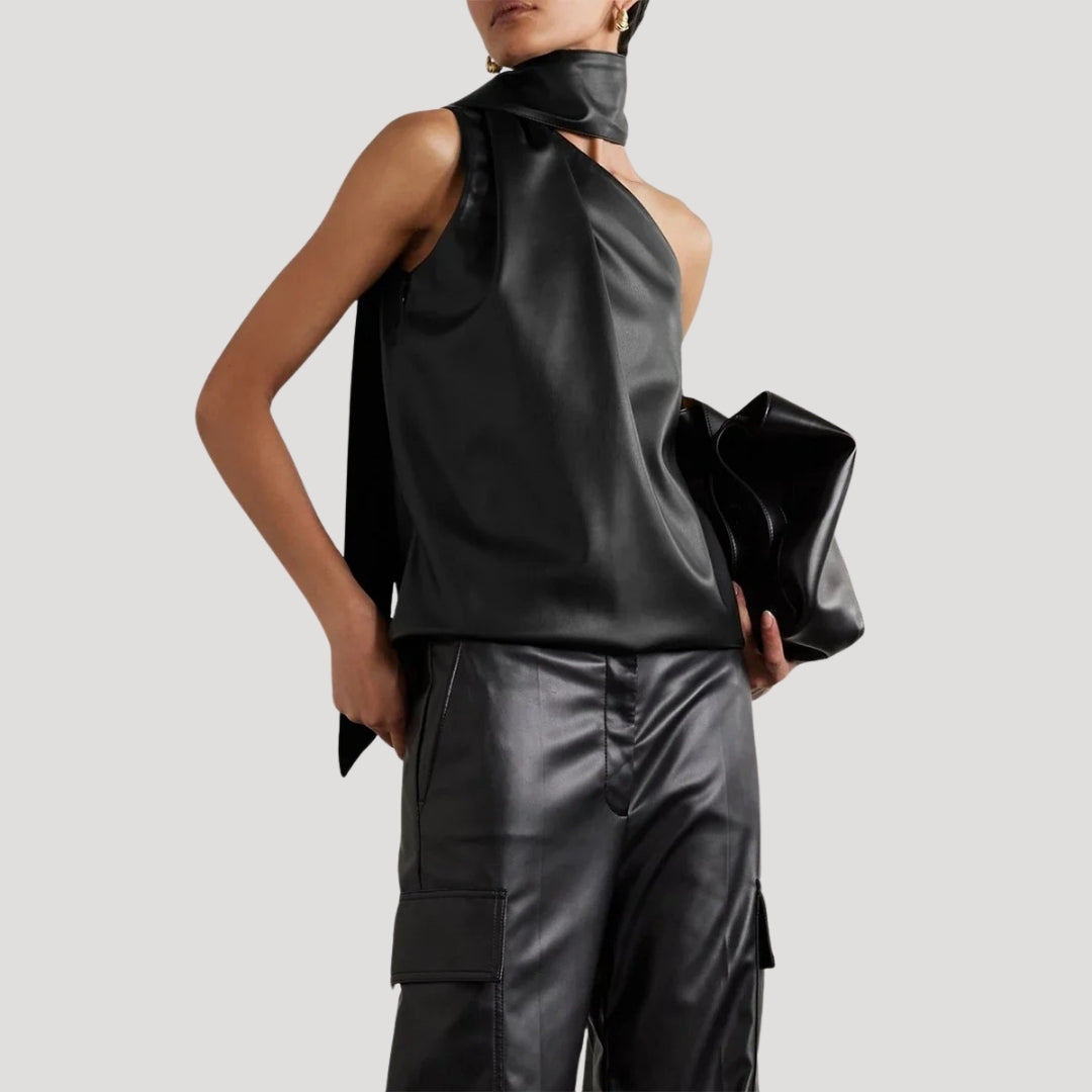 Asymmetrical faux leather halter top