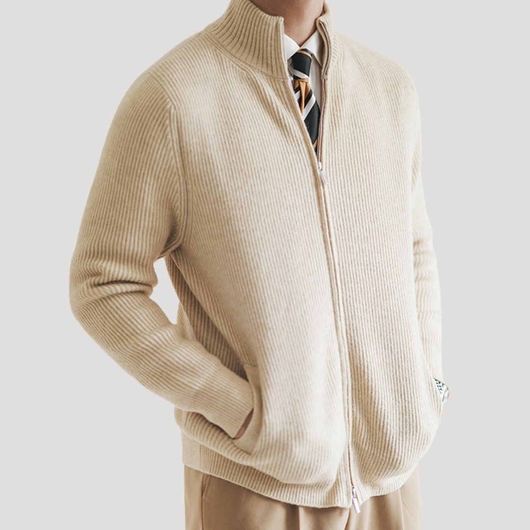 Men’s knitted zip up jumper in soft wool blend